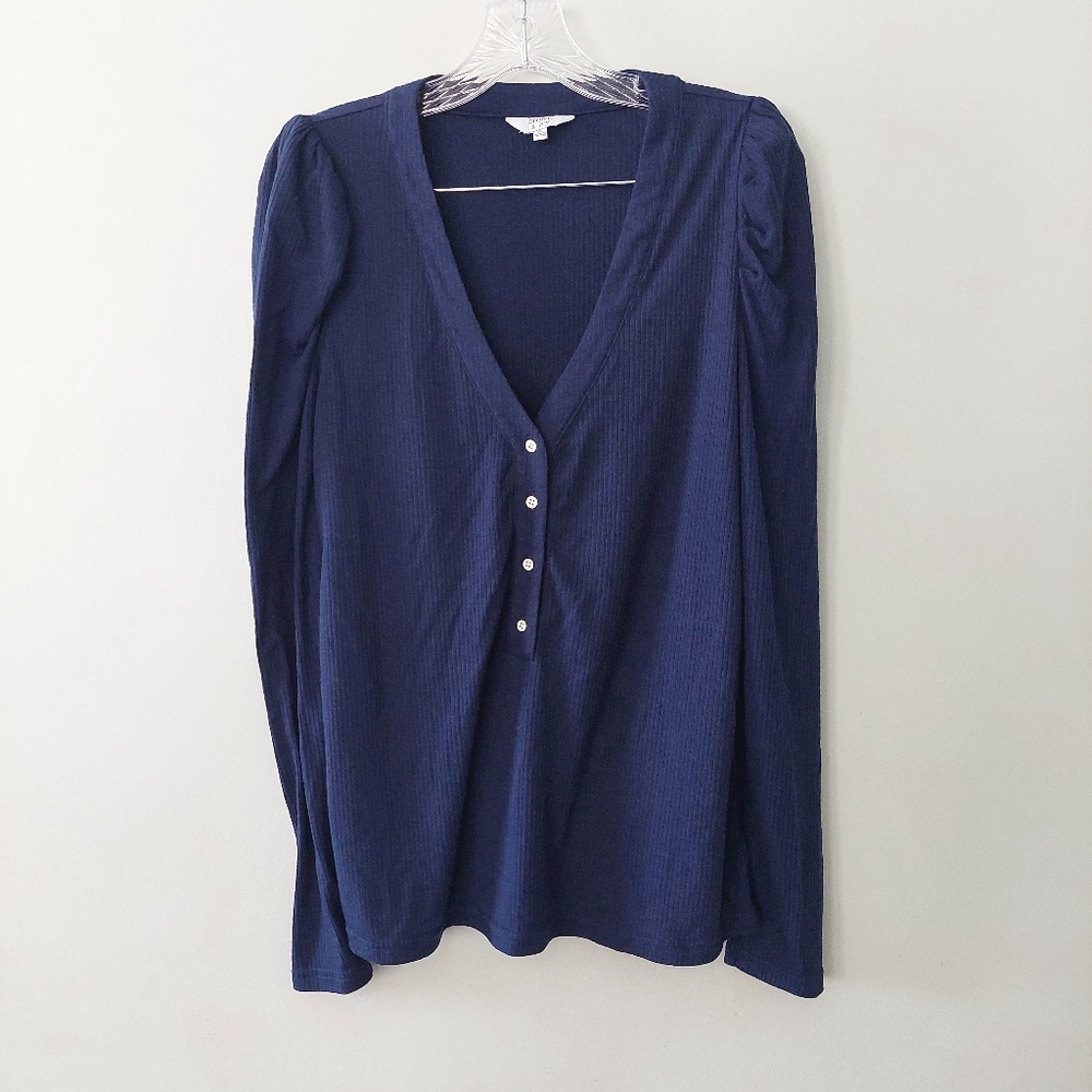 Crown & Ivy long sleeve shirt v-neck henley ribbed puff shoulder navy blue